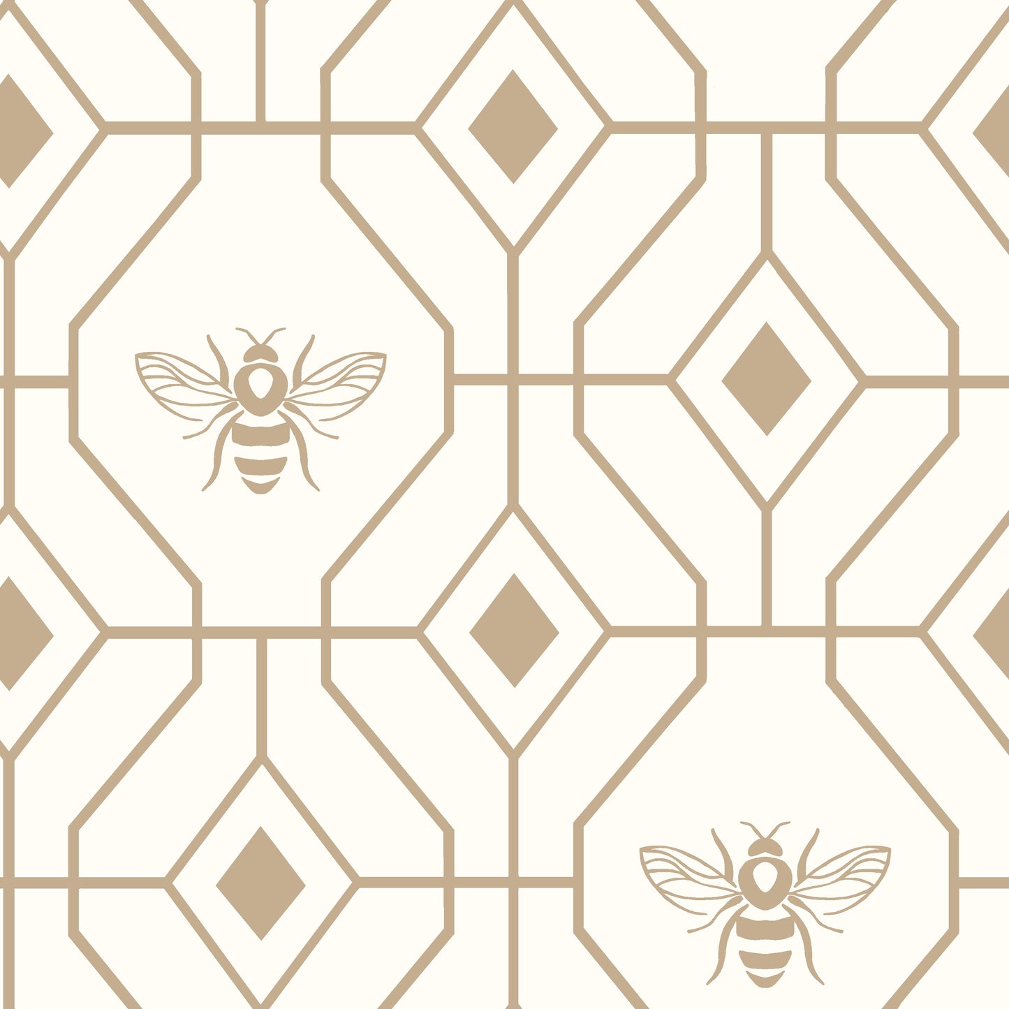 Beautiful luxury duvet cover bedding set with a geometric pattern and small bees in each geometric shape. Bedding is in a Champagne colour, reversible side two is white and is shown.