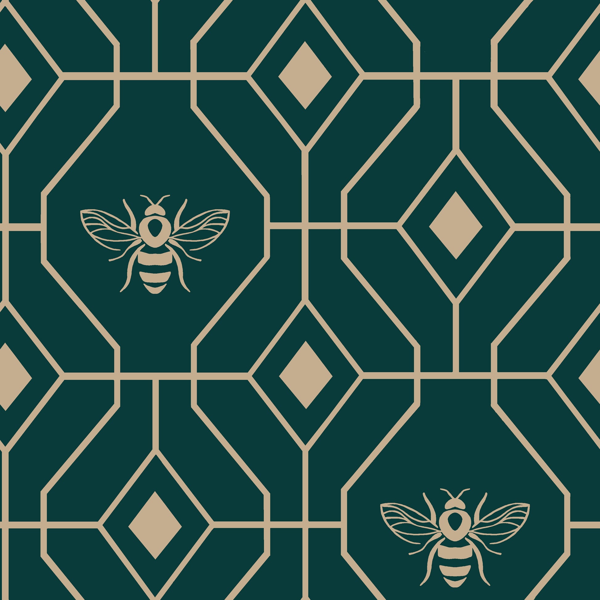 Beautiful luxury duvet cover bedding set with a geometric pattern and small bees in each geometric shape,. Bedding is in dark green emerald colour showing reversible side one.