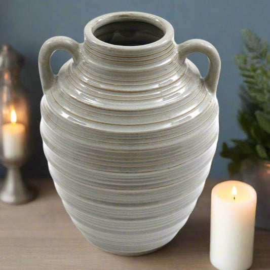 ceramic grey & neutral vase with two small handles