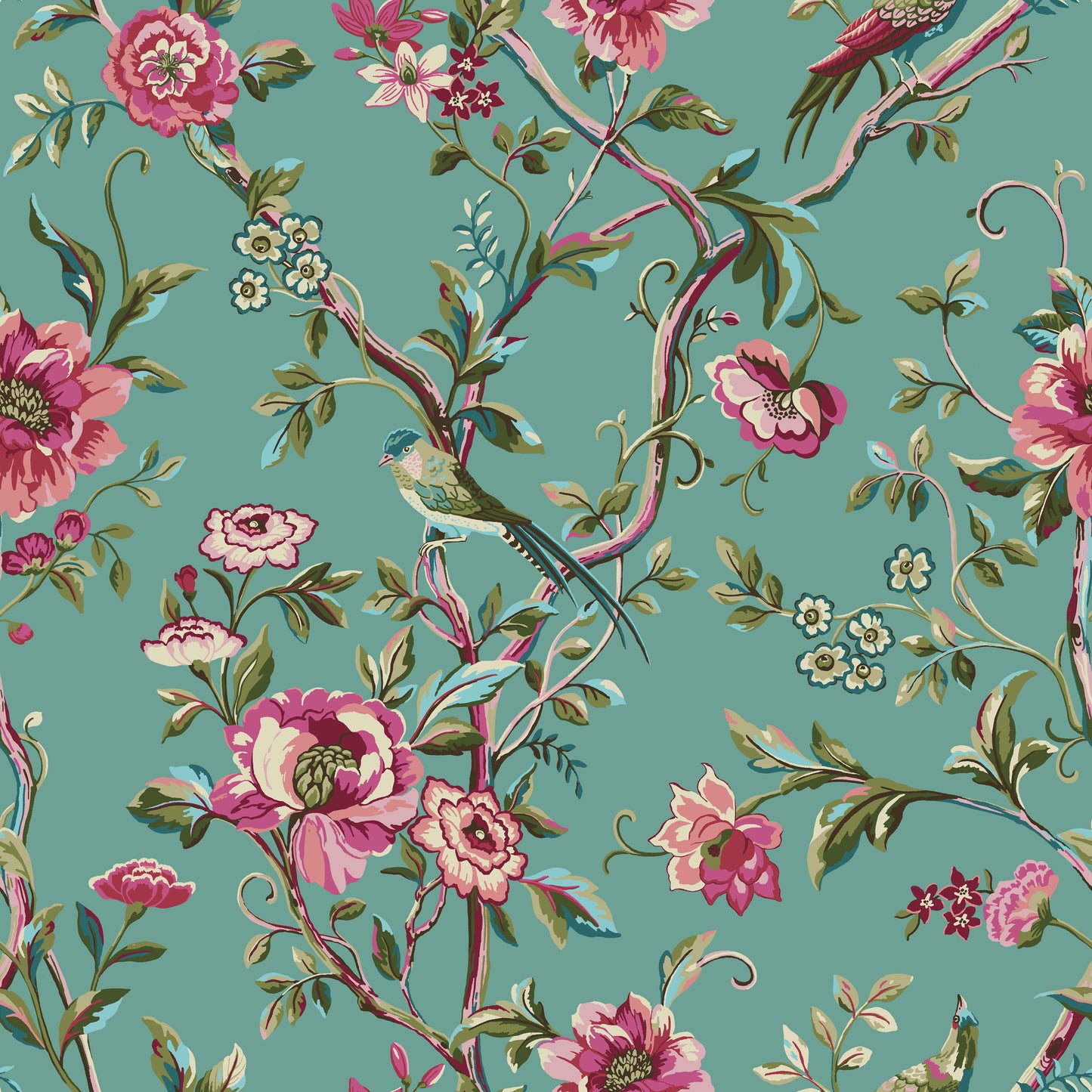 Pattern close up of luxury bedding set with pink flowers and green leaves in a vintage style and jade background and small bird showing reversible side one.