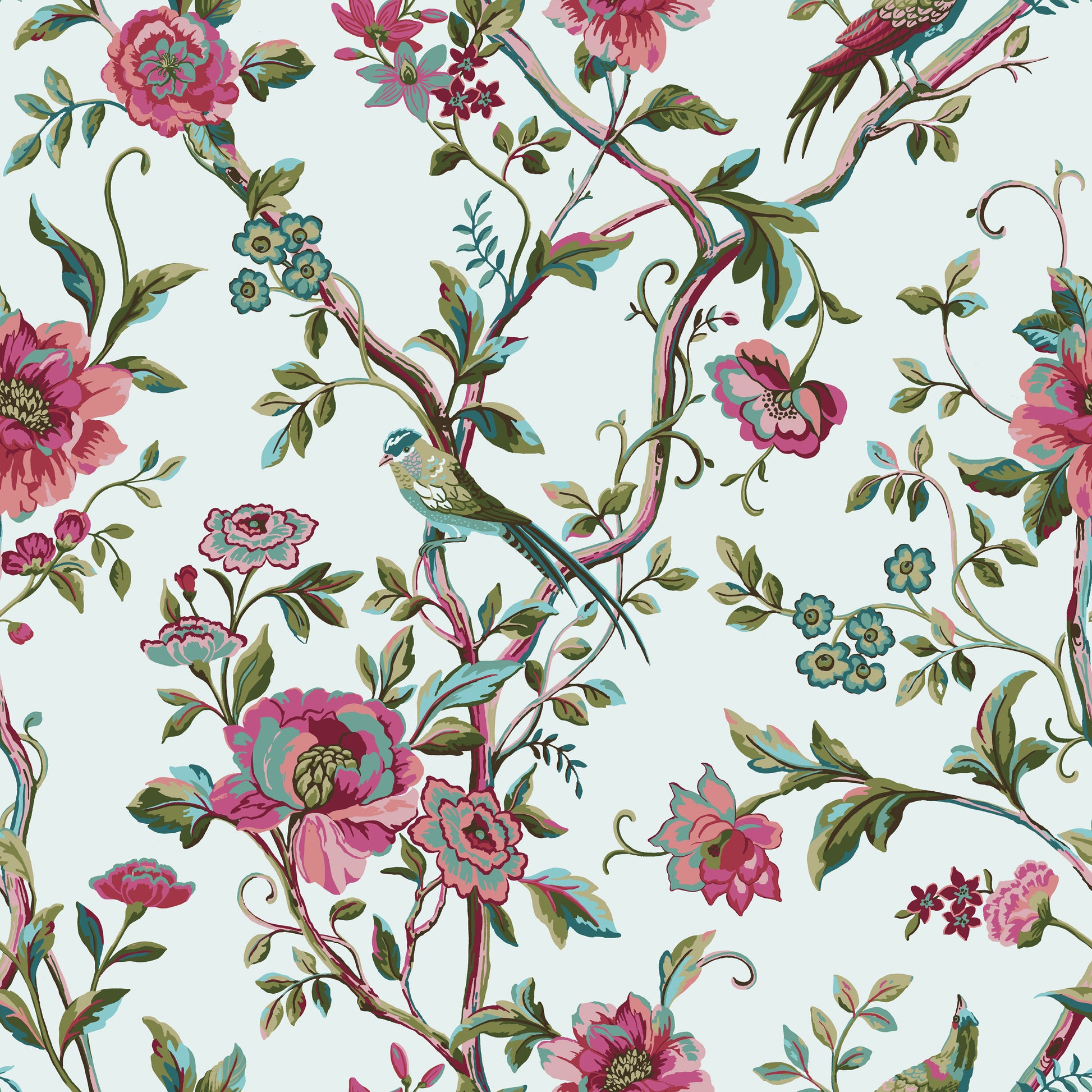 Pattern close up of luxury bedding set with pink flowers and green leaves in a vintage style and white reverse background showing white background reversible side two and small bird