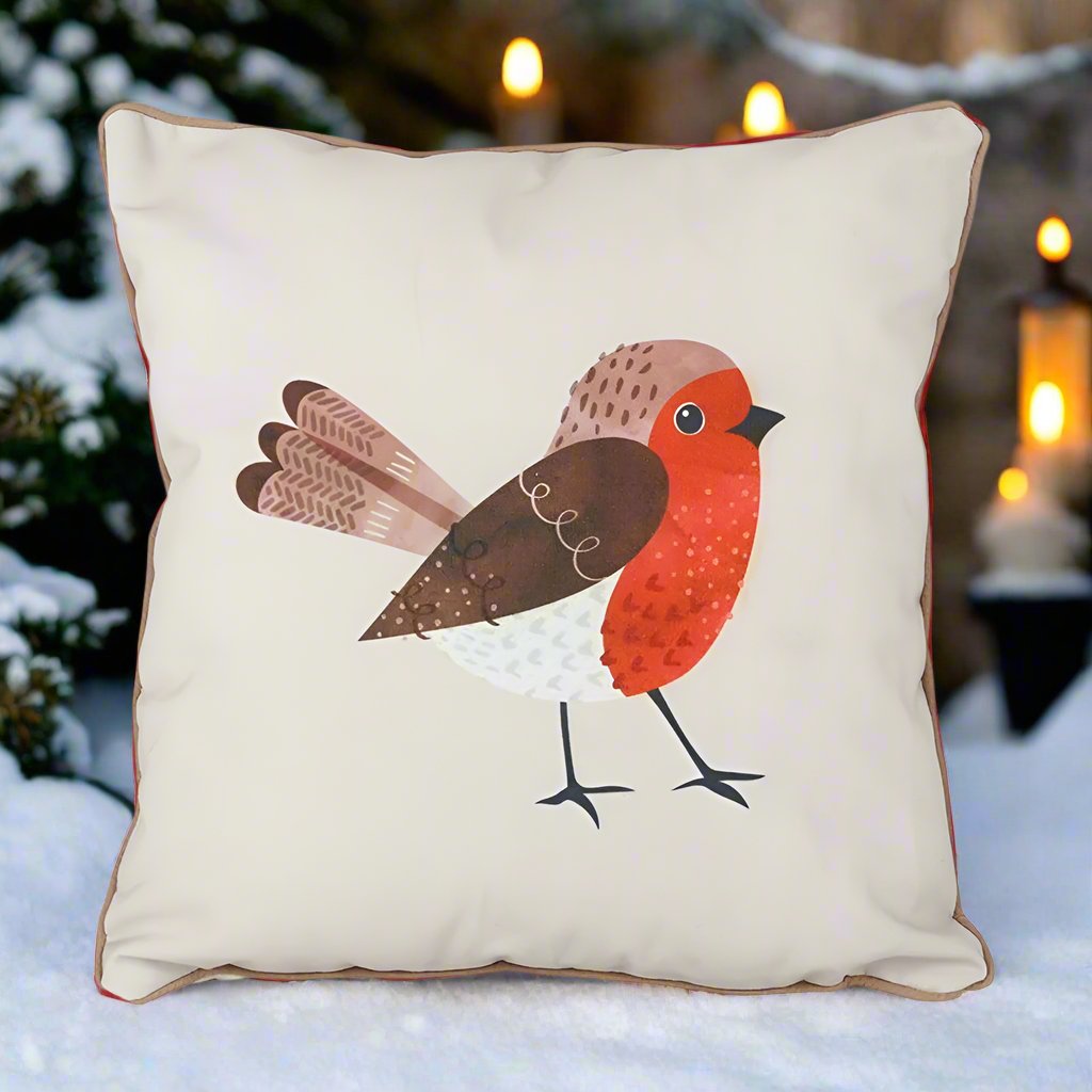 Square cushion cover with large red robin motif on the front in a friendly manner and neutral colour backdrop