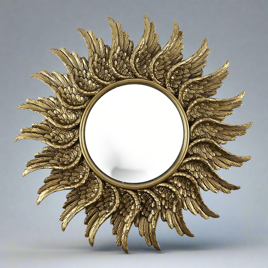 round gold mirror with angel wings surround